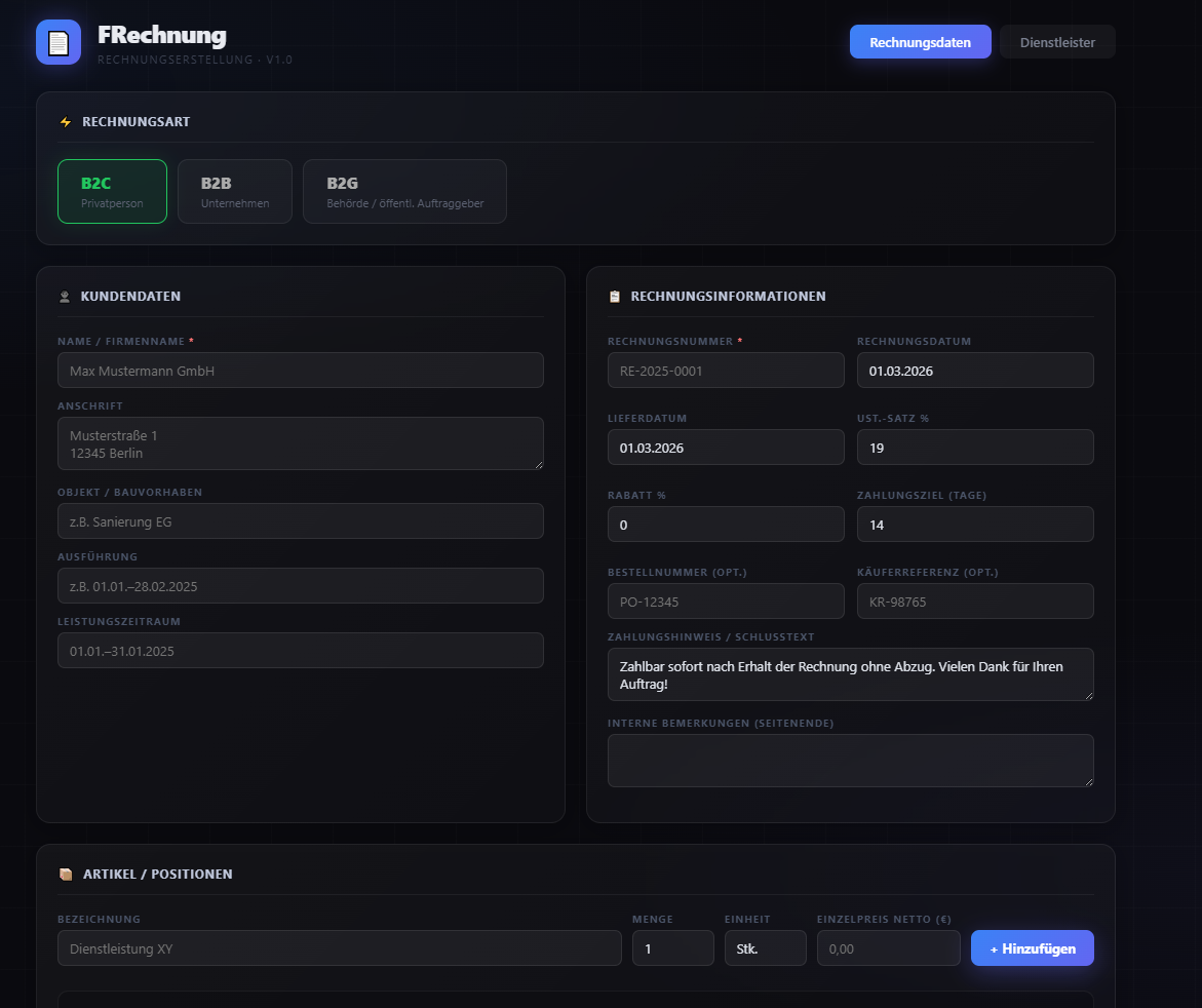 Screenshot: Rechnungsart und Kundendaten eintragen